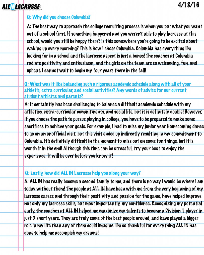 Interview with Caroline continued about her lacrosse experience at All IN lacrosse, a premier lacrosse training facility that offers lacrosse camps and clinics. 