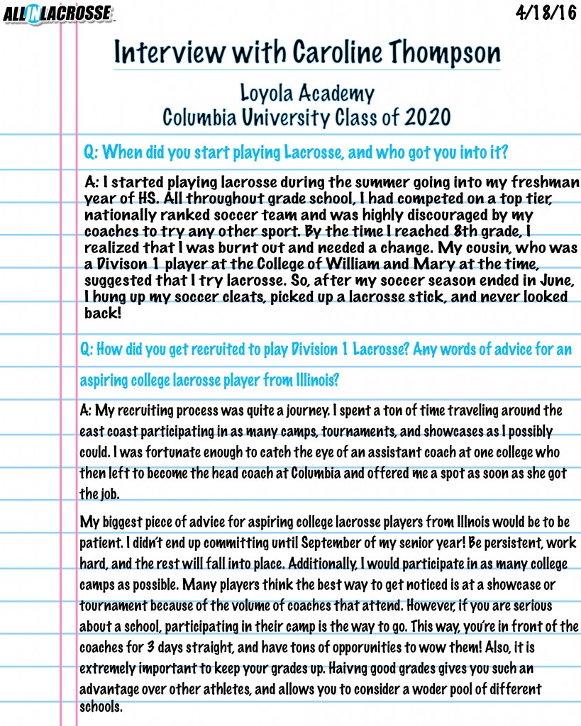 Interview with Caroline Thompson, a former ALL IN Lacrosse player and athlete.  